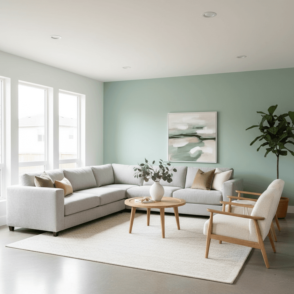 Freshly painted living room with sage green accent wall