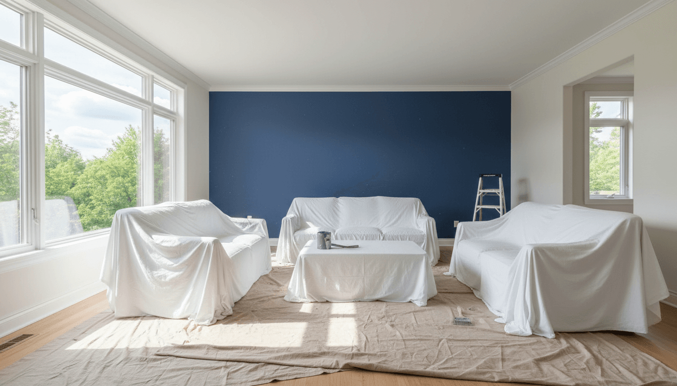 Bright living room with freshly painted accent wall