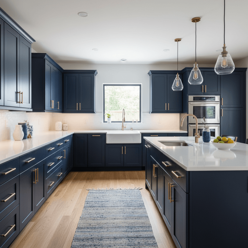 Renovated kitchen with navy blue painted cabinets