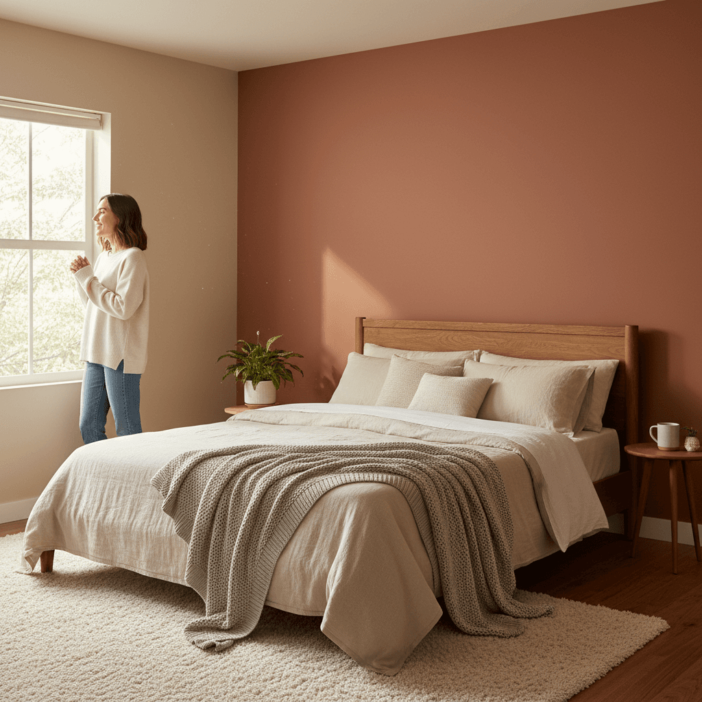 Transformed bedroom with freshly painted terracotta accent wall