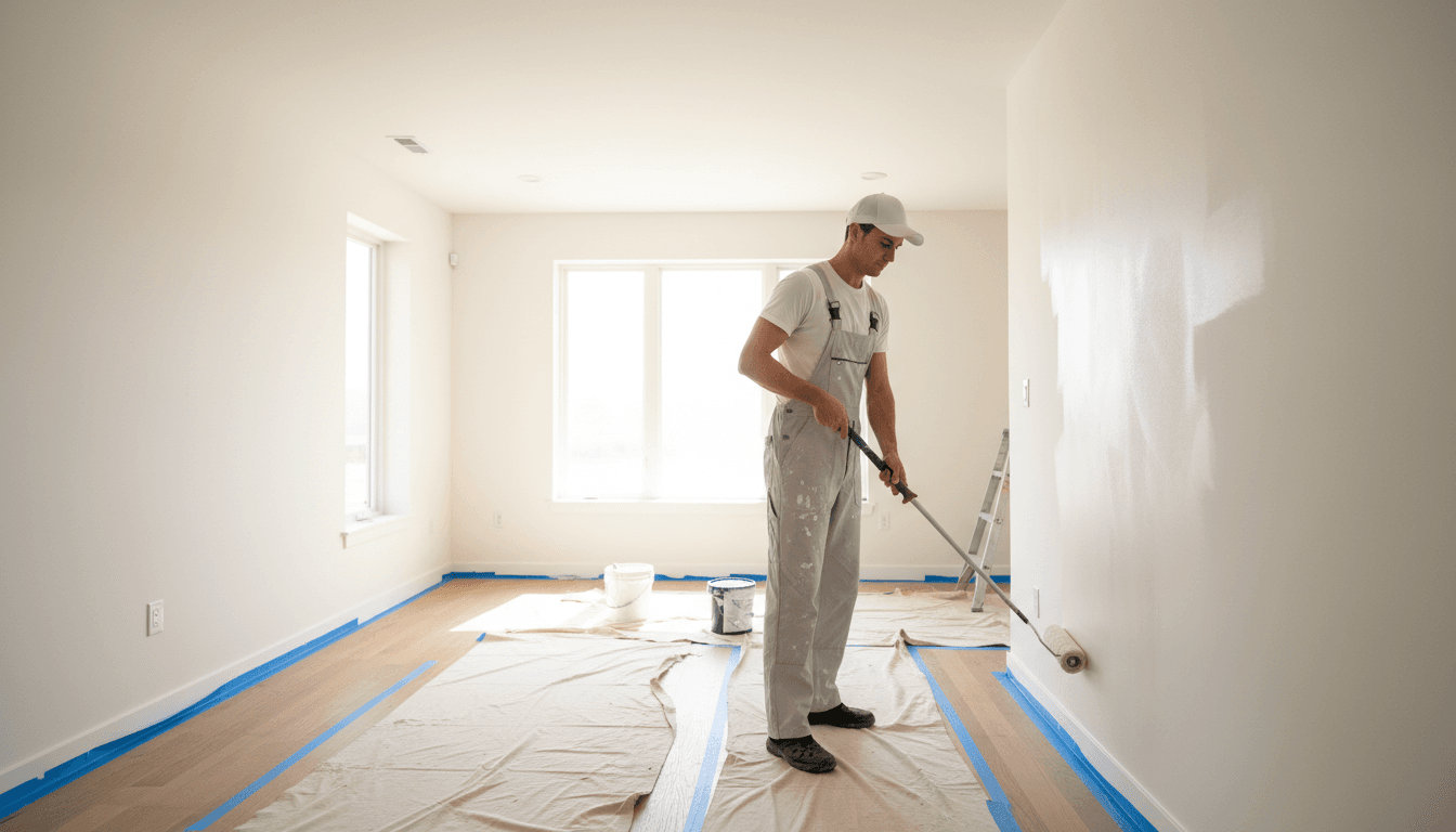 Professional painter rolling paint onto a wall in a bright residential room