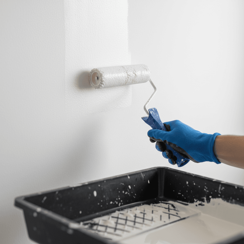 Painter's hand rolling paint onto a wall