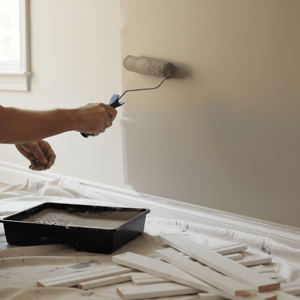 Painter applying smooth coat of paint with roller