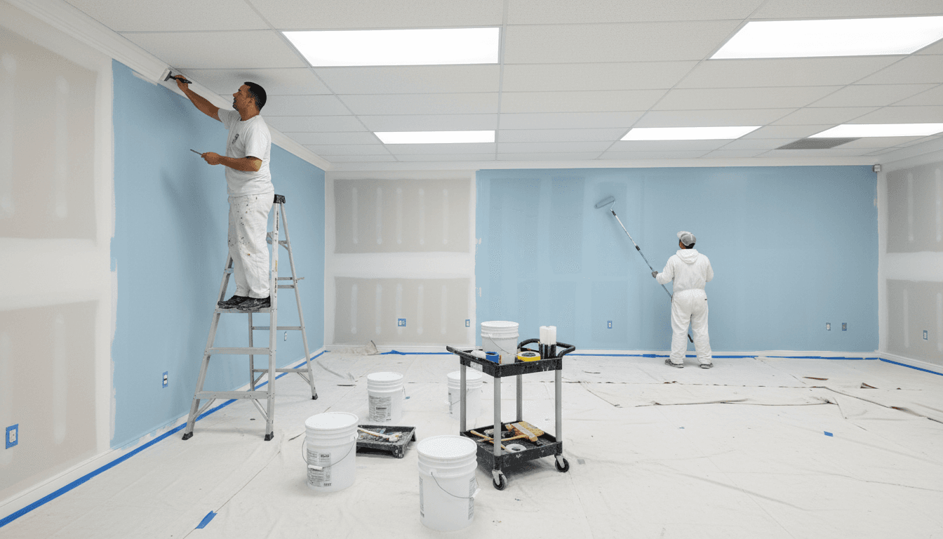 Two painters in coveralls working on a tall ceiling in a commercial office space
