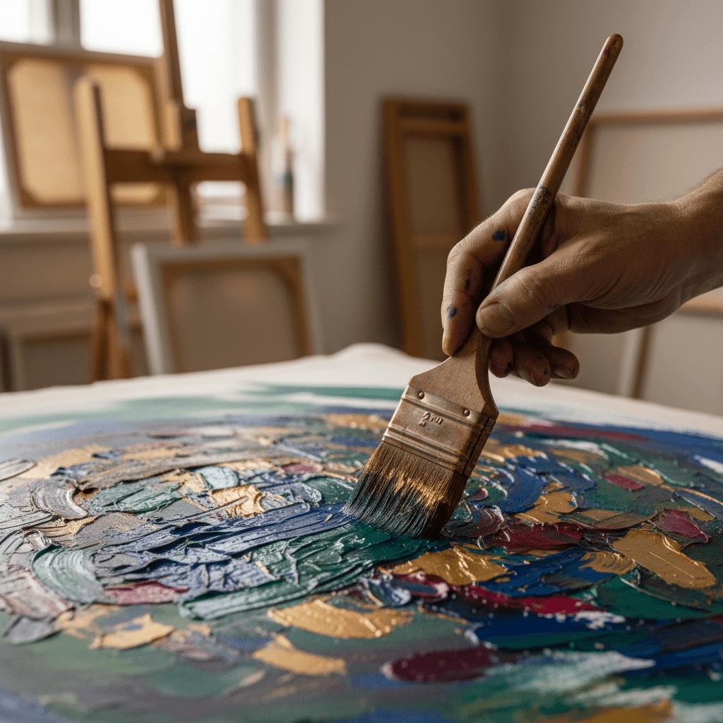 Close-up of a paintbrush applying deep blue paint on a wooden surface with visible wood grain