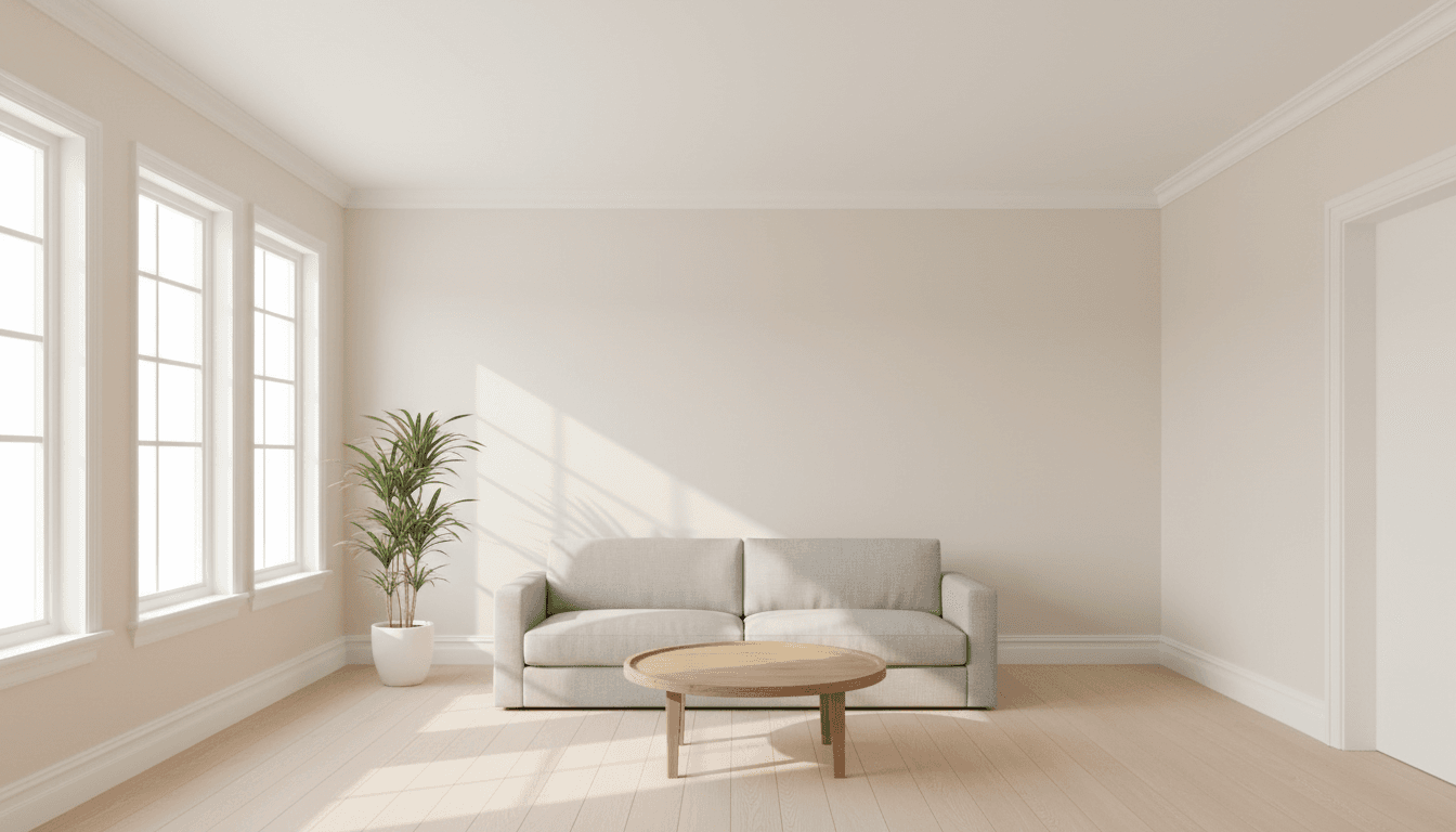 Freshly painted living room with crisp white trim and soft warm walls