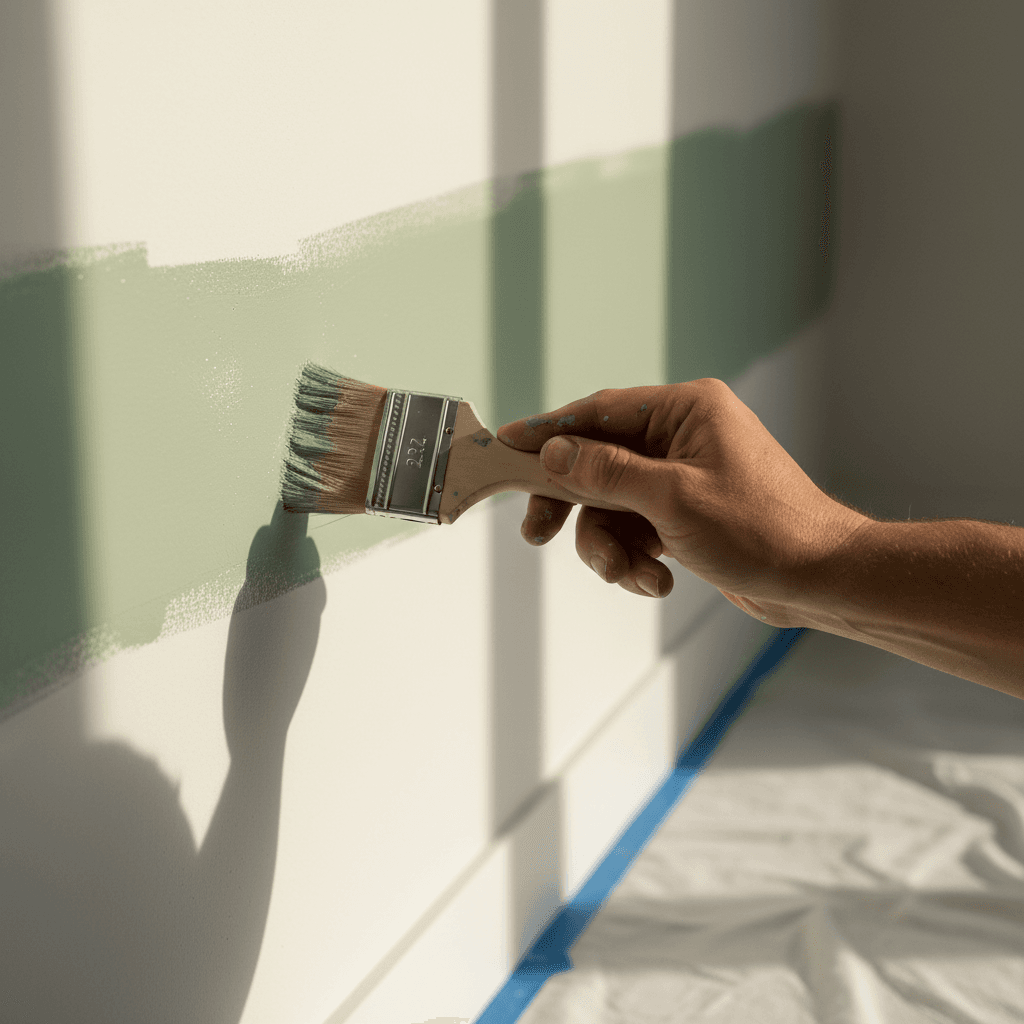 A freshly painted room in a home with natural light and a painter's step ladder in the corner