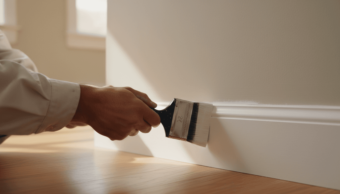 Painter cutting in a clean edge between wall and ceiling