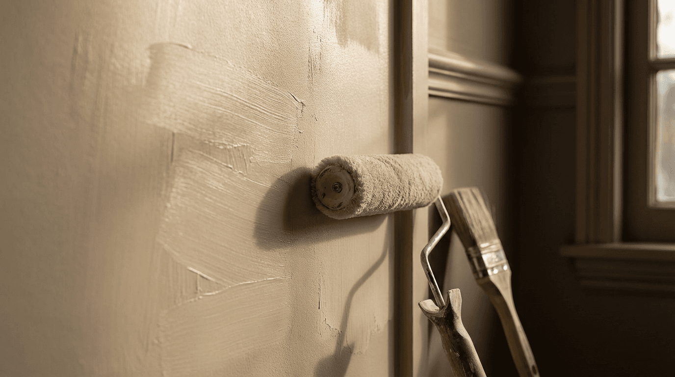 Freshly painted room with clean walls and painting tools in soft natural light